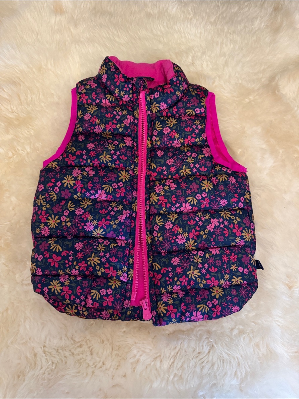 GAP Navy Floral Puffer Vest with Pink Trim